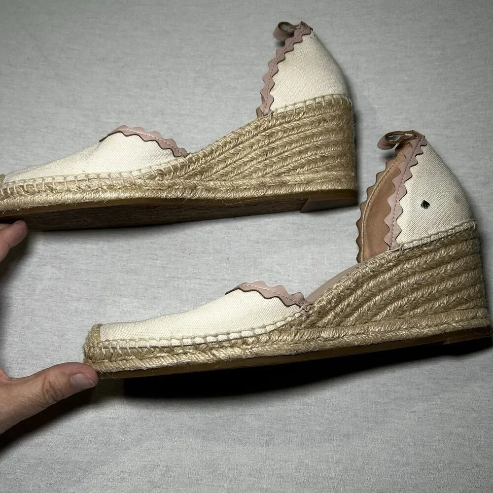 Kate Spade Cream Canvas Espadrille Wedges Scalloped Leather Trim Size 10